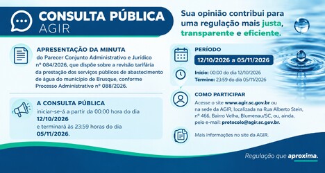 AGIR abre Consulta Pública sobre revisão tarifária dos serviços de abastecimento de água de Brusque