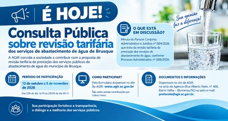 AGIR abre hoje Consulta Pública sobre revisão tarifária da água em Brusque